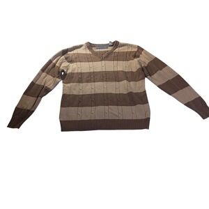 Oscar de la Renta Striped V-Neck Cable Knit Sweater Womens L Brown Tan Pullover